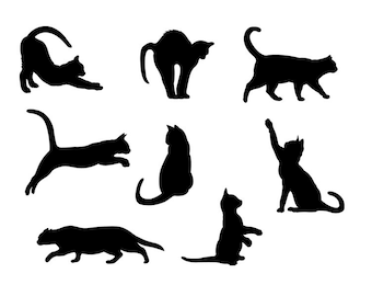 8 pack Cats Vinyl Stickers in Various Poses. Great for car bumpers, windows, your walls, laptops, phone cases, etc. Animal decal cat