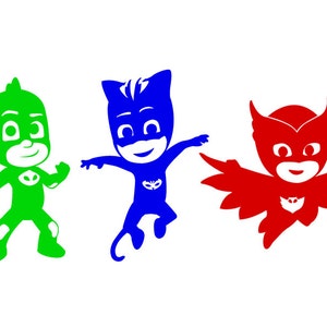Vinylstickerset van PJ Masks in kleur. Stickers Cat Boy, Owlette en Gekko voor de kinderkamer, ramen, muren, deuren en cadeauzakjes. PJ-maskers.