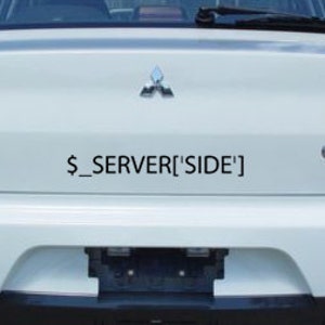 May include: White car with a Mitsubishi logo on the back. The text "$_SERVER['SIDE']" is written on the back of the car.