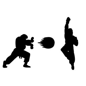 Può includere: Silhouette di due figure in una posa di combattimento. Una figura sta lanciando un proiettile, mentre l'altra figura sta bloccando il proiettile con il suo braccio.