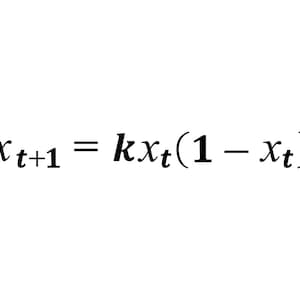 May include: Mathematical equation showing the relationship between variables x and k. The equation is: x(t+1) = kx(t)(1-x(t)).