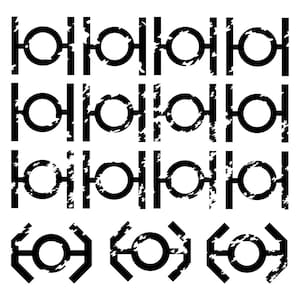 May include: A black and white graphic design with a repeating pattern of circles and vertical lines. The design is repeated three times and the bottom row features three stylized circles with a jagged edge.