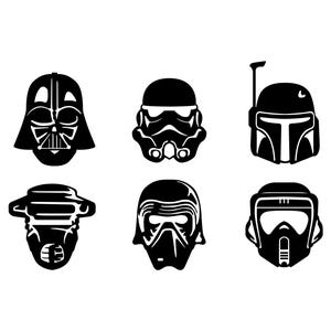 以下が含まれることがあります： SFシリーズの象徴的なヘルメットの白黒イラスト6点。ヘルメットには、ダース・ベイダー、ストームトルーパー、ボバ・フェット、パイロット、カイロ・レン風ヘルメット、スカウトトルーパーが含まれています。