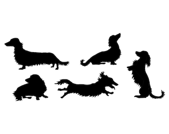 5 Pack Longhair Dachshund Vinyl Bumper Stickers. Weiner dog decals for walls, cars, windows, laptops, cell phones. Daschund Long dog sticker
