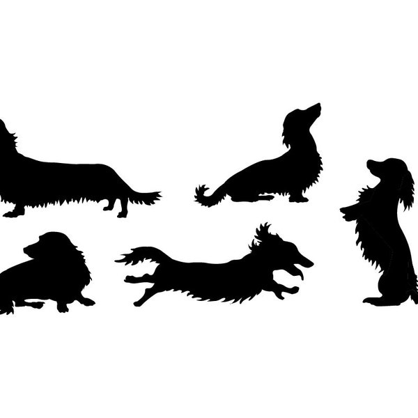 5 Pack Longhair Dachshund Vinyl Bumper Stickers. Weiner dog decals for walls, cars, windows, laptops, cell phones. Daschund Long dog sticker