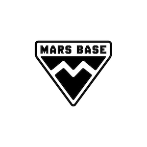May include: Black and white logo with the text "MARS BASE" in a bold font inside a triangle shape with a mountain range design.