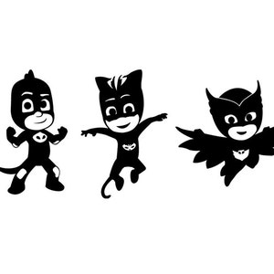 Könnte beinhalten: Drei schwarz-weiße Silhouette-Illustrationen von Figuren aus der Kindersendung PJ Masks. Die Figuren sind Gekko, Eule und Catboy.
