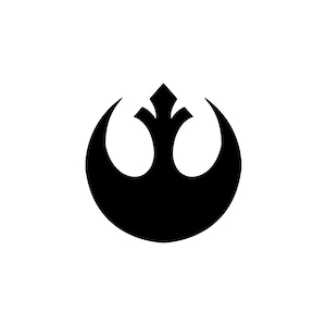 Puede incluir: Gráfico negro del símbolo de la Alianza Rebelde de Star Wars. El símbolo es una forma estilizada de pájaro o fénix, con un elemento vertical central y alas curvas, sobre un fondo blanco.