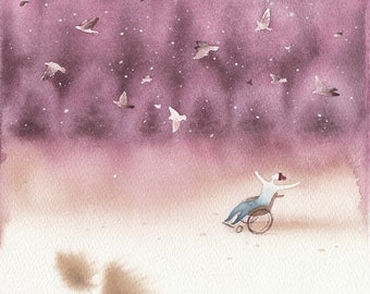 Original Watercolor Painting: Man, Birds, Forest? Wheelchair Art