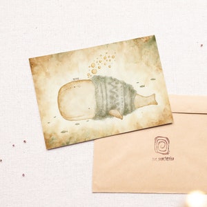 Cartolina acquerello raffigurante una balena, un capodoglio, un pesce, un'arancia, un regalo caldo, un grazioso presente, un dipinto, un'arte tenera, una cartolina per il nonno.