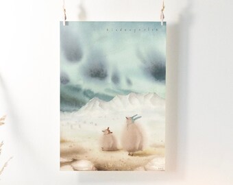 Baby Penguin Watercolor Print, Winter Mountain Scene, Nursery Art