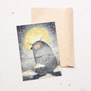 Pintura em aquarela de céu, cartão postal azul, cartão em aquarela, impressão pequena, imagem para emoldurar, criatura de conto de fadas, presente fofo, arte noturna e lunar.