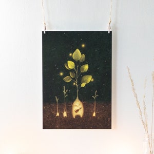 May include: A digital illustration of a glowing plant with leaves and a small creature playing a musical instrument. The plant is surrounded by a dark background with stars.