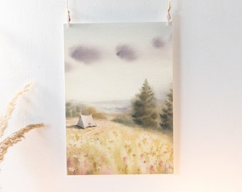 Watercolor landscape, nature print, backpacking poster, pink flowers, wildflower field, camping painting, watercolour sky, green trees art.