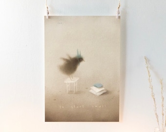 Little Bird Art Print: Bunny Hat, Learn to Fly, Kids Room Decor (A4)
