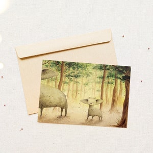 Aquarelprint, boskaart, fantasiewezen, grote oren, moeder en kind, kinderkaart, bos, vreemd dier, klein schilderij, prentkunst.