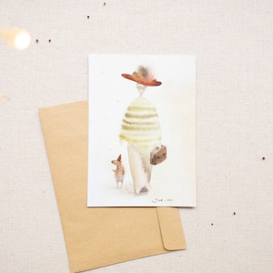 Carte postale Capybara, impression aquarelle, tableau, femme au chapeau, carte de vieille dame, vert et rouge, carte vierge, carte à maman, carte postale de vétérinaire, chapeau rouge
