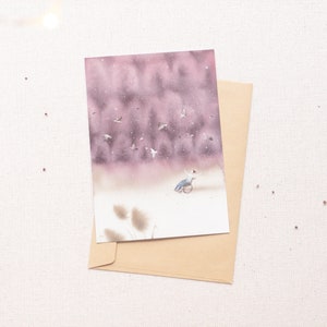 Cartão postal em aquarela, arte em cadeira de rodas, homem e pássaros, habilidade, direitos das pessoas com deficiência, pessoa feliz, pássaro voador, cartão para amigo, cartão em aquarela.