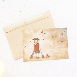 Planche à roulettes, carte postale, fille de skate, furet, cadeau, papillon, art de la planche à roulettes, impression aquarelle, peinture, amateur de skate, rouge, beige, cadeau pour soeur, chapeau.
