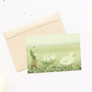 Wichtel Postkarte,weißer Vogel,Huhn,Aquarell Vogel,grün Kunstdruck,Geschenk für Vogelliebhaber,Karte für Vogelliebhaber