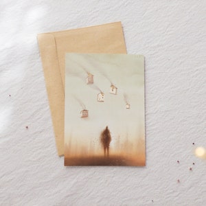 Cartolina con pittura digitale, supporto con l'Ucraina, cartolina sulla guerra, cartolina triste, case in fiamme, figura umana, persona sfocata, smarrito, cartolina sul disastro.