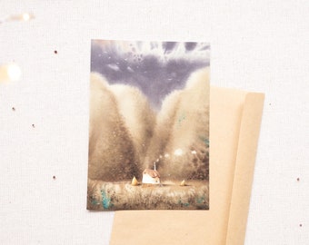 Watercolor Mountain Landscape Postcard: Fairy Tale House Art Print