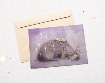 Deer Watercolor Painting Postcard: Sleeping Animal Art Print