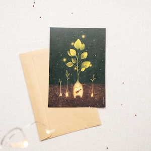 Postal botánica, planta de acuarela, pintura de ukelele, postal de músico, pintura de mandrágora, tarjeta de mandrágora, postal de luciérnagas, impresión de semillas, arte