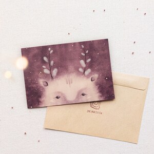 Aquarelle fantastique, carte d'être magique, impression aquarelle, carte postale violette, fleur de saule, carte de voeux aquarelle, peinture d'yeux, carte de printemps
