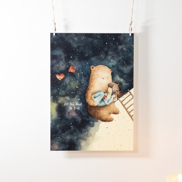 Bear print, watercolor poster, outer space, watercolor painting, bear print, wall decoration, nursery poster, kids room, bear and girl.