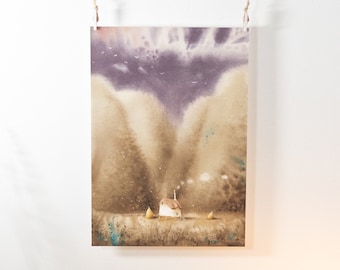 Watercolor Mountain Print: Fairy Tale House, Fantasy Landscape (A4)