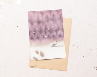 Watercolor Art Postcard: Man, Birds, Wheelchair, Happiness