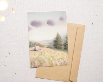 Watercolor Landscape Postcard: Tent Painting, Nature Art, Hicking