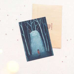 Carte esprit, carte postale aquarelle, peinture nature, impression forêt nocturne, monstre et fille, animal éclairant, petit cadeau, cadeau pour soeur.