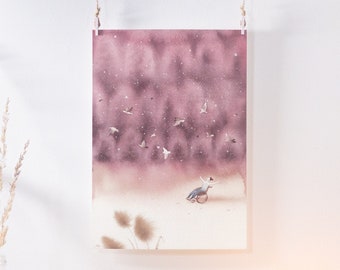 Happy Watercolor Art Print: Man, Wheelchair, Birds, Forrest Watercolor (A4)