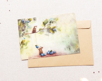 Blueberry Watercolor Postcard: Fantasy Forest Animals Greeting Card