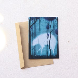 Odd postcard,watercolor,printed woodland card,monster painting,white,small picture for framing,gift for sister,blue forest,cute present,art.