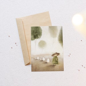 Kindergarten Karte, Aquarellmalerei, digitale Illustration, Kinder Postkarte, Naturgeister, Karte für Schwester, Maus Postkarte, grüner Baum