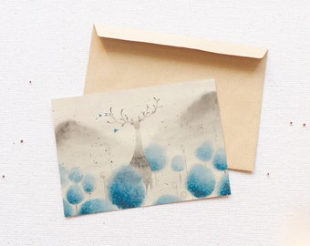 Deer Watercolor Postcard: Blue Woodland Landscape Print