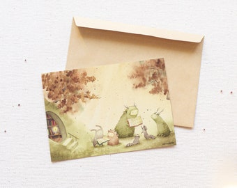 Woodland Fairytale Animals Watercolor Postcard, Library Illustration