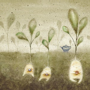 May include: A watercolour painting of three whimsical creatures with roots growing out of the ground. They are holding small cups and a teapot sits in the background. The painting has a light brown background with green leaves.