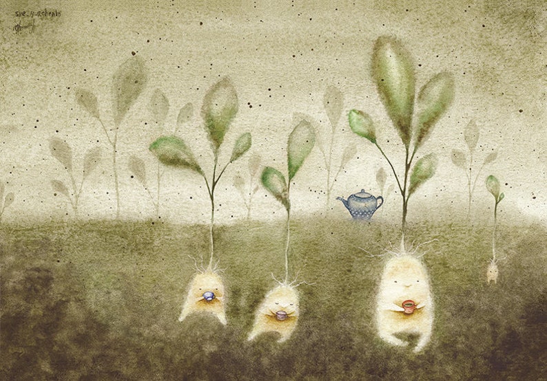 May include: A watercolour painting of three whimsical creatures with roots growing out of the ground. They are holding small cups and a teapot sits in the background. The painting has a light brown background with green leaves.