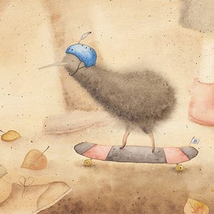 Acquerello originale, arte skateboard, uccello kiwi, aquarelle originale, skate board, chambre bebe, decorazione, arredamento per bambini, ragazza skater, arte murale.
