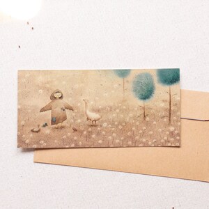 Lange Postkarte, Aquarell Karte, Mädchen und Vogel, Bäume Aquarell, Aquarellmalerei, Malerei Druck, Mädchenpower, Mädchen Postkarte, Karte für Sie