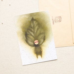 Blatt Aquarell, botanische Postkarte, Aquarellkarte, Aquarellmalerei, grüne Postkarte, Märchenpostkarte, süße Karte.