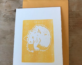 Greeting card, Block print of sleeping cat