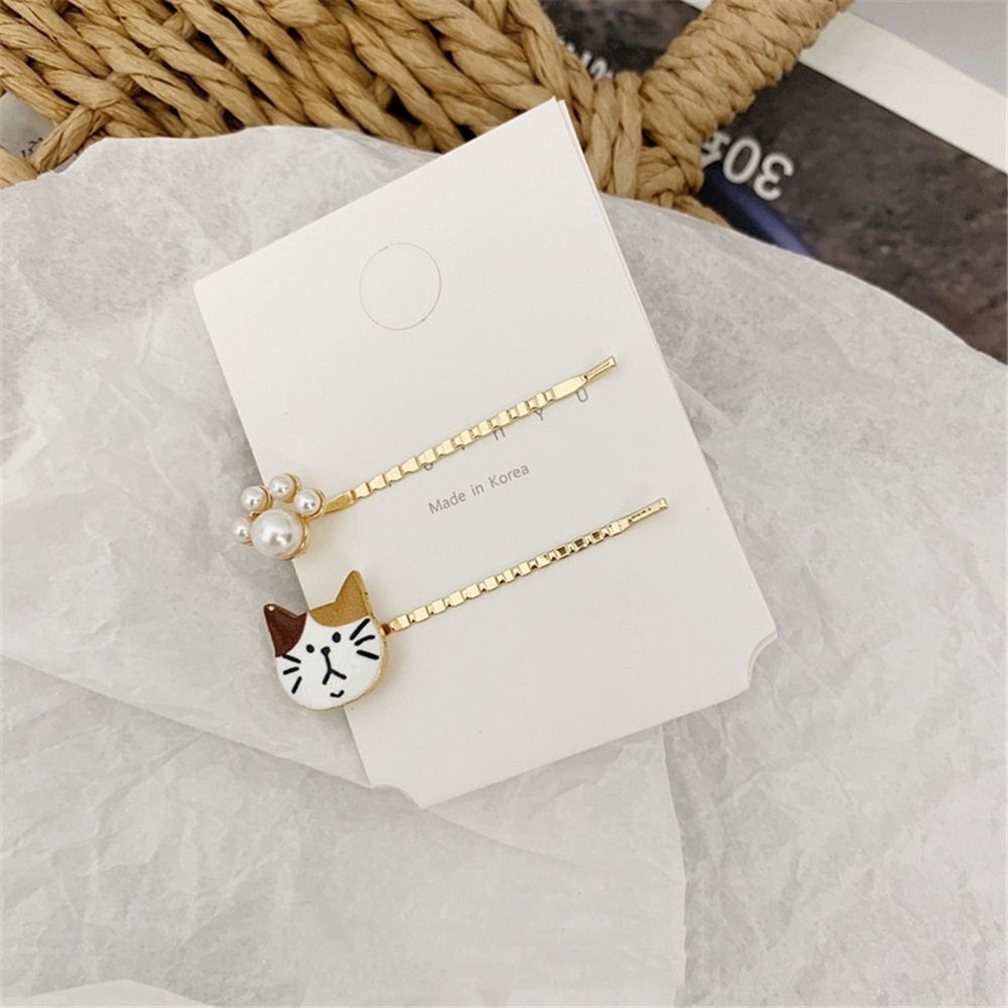 2pcs/set Women Trendy Hair Clips Korean Cute Cat Paw Imitation Pearl Hairpin~ 2pcs/set Women Trendy Hair Clips Korean Cute Cat Paw Imitation Pearl Hairpin~
