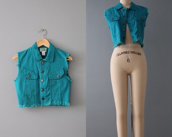 TURQUOISE blue denim vest | 90s Y2K cropped denim vest | designer denim vest