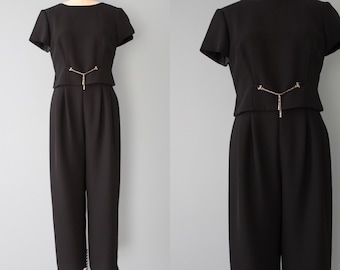 90s black romper | Liz Claiborne pants romper | crop top minimalist romper