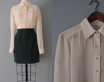 BCBG MaxAzria blouse | herringbone print blouse | beige almond blouse